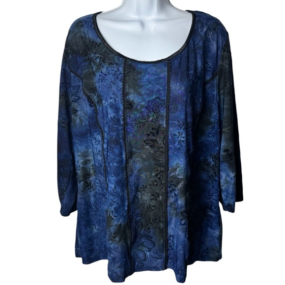 Y2K Black and Blue Textured Floral Whimsical Whimsigoth Fairy Blouse Size XL - Picture 2 of 9